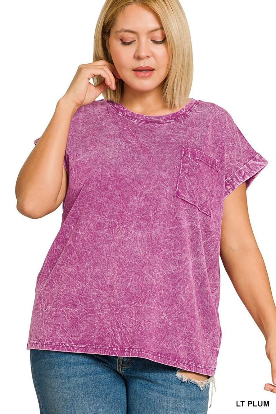 NWOT Zenana crinkle washed round neck tee light plum 1X
